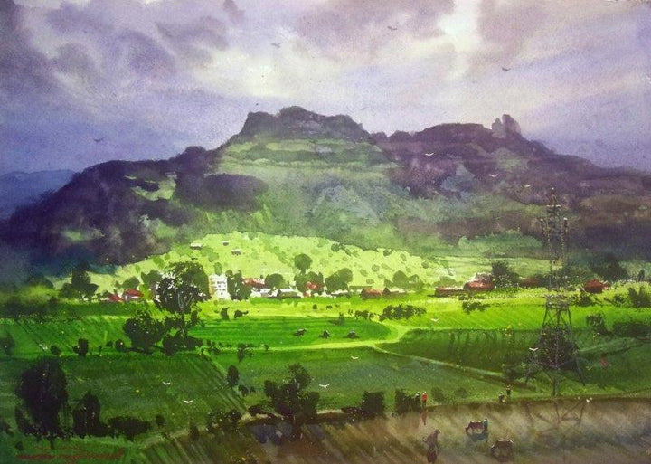 Landscape watercolor painting titled 'Nevali Village', 15x22 inches, by artist RAKESH SURYAWANSHI on Paper