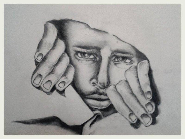 Expressionist pencil drawing titled 'Never come out in brutal world', 25x30 inches, by artist Soumen Roy on Art Paper