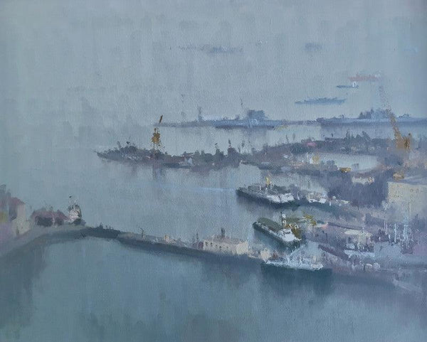 Seascape oil painting titled 'Nevy Dockyard', 20x24 inches, by artist Paresh Thukrul on Canvas