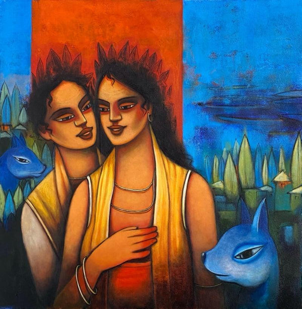 Figurative acrylic painting titled 'New couple 2', 28x28 inches, by artist Aniruddha Sarker on Canvas