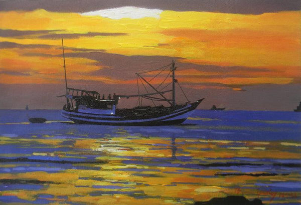 Seascape acrylic painting titled 'New Day New Life', 11x16 inches, by artist Bipul Roy on Canvas