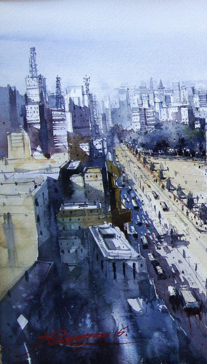 Cityscape watercolor painting titled 'New Edit', 32x21 inches, by artist Nirupam Konwar on Paper