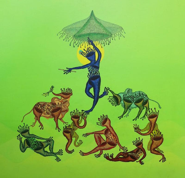 Religious acrylic ink painting titled 'New Version Of Govardhan', 36x36 inches, by artist Nitesh Panchal on Canvas