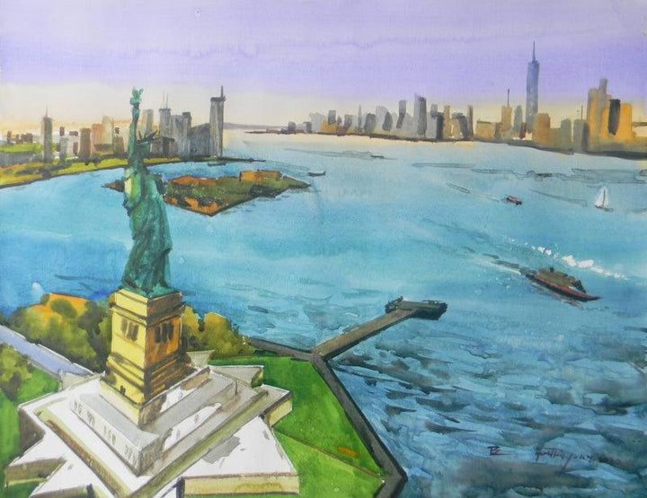 Cityscape watercolor painting titled 'New York', 22x28 inches, by artist Bipul Roy on Paper