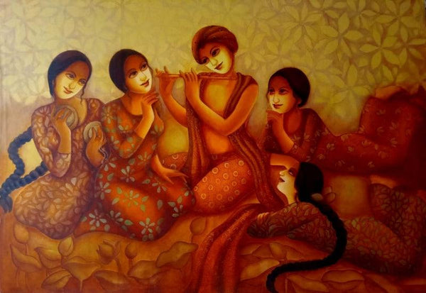 Figurative acrylic painting titled 'Nidhivan 1', 42x60 inches, by artist Monalisa Sarkar on Canvas