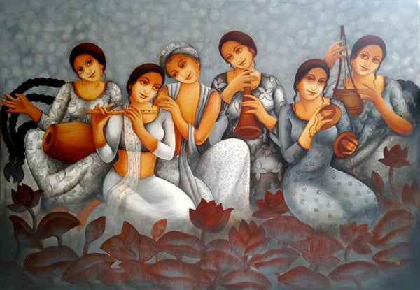 Figurative acrylic painting titled 'Nidhivan 2', 42x60 inches, by artist Monalisa Sarkar on Canvas