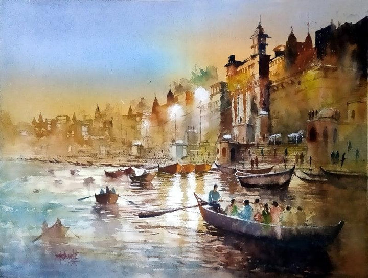 Landscape watercolor painting titled 'Night At Banaras', 22x30 inches, by artist Sanjay Dhawale on Handmade Paper