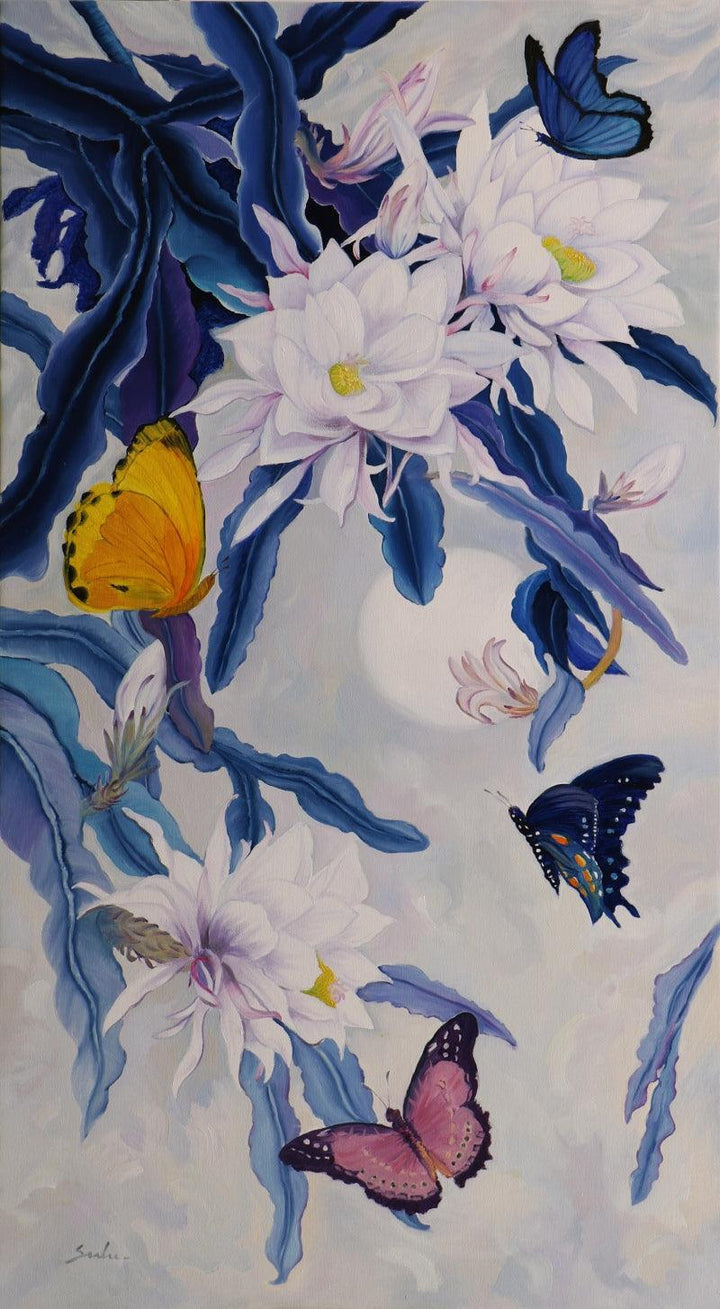 Nature oil painting titled 'Night Bloom With Butterflies', 30x54 inches, by artist Sulakshana Dharmadhikari on canvas