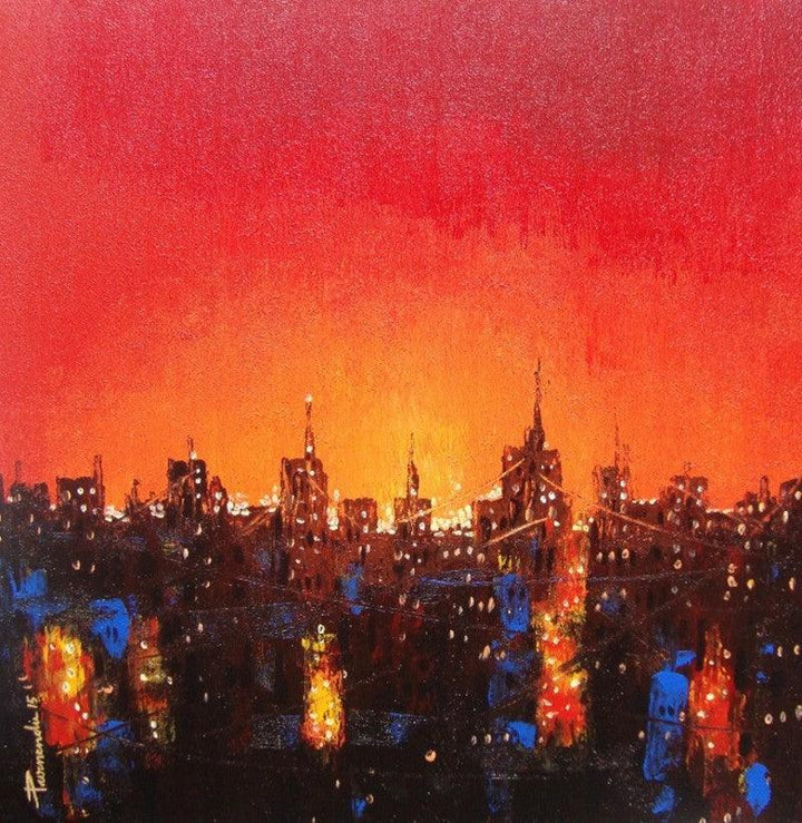 Cityscape acrylic painting titled 'Night In City', 18x18 inches, by artist Purnendu Mandal on Canvas