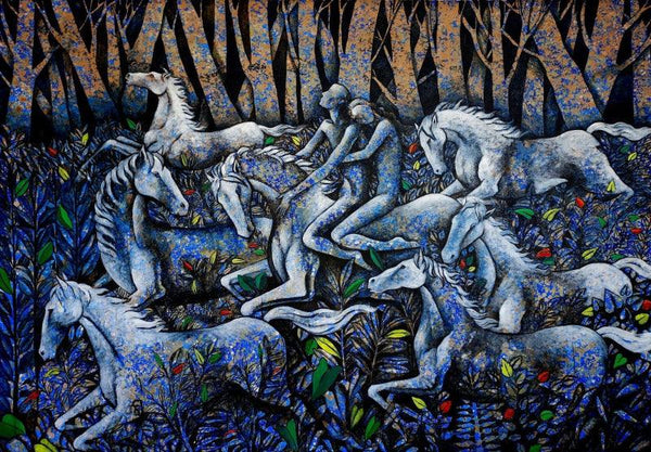 Animals acrylic painting titled 'Night Journey', 48x68 inches, by artist Ranjith Raghupathy on Canvas