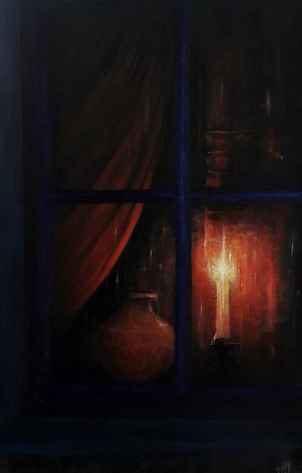 Still-life acrylic painting titled 'Night Vigil', 36x24 inches, by artist Seby Augustine on Canvas