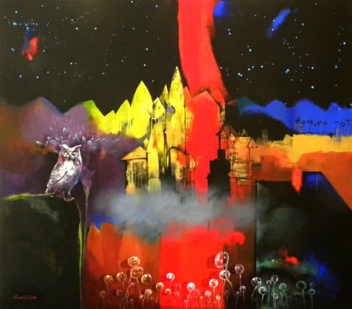 Surrealist acrylic painting titled 'Night Watch', 48x57 inches, by artist Pradip Sengupta on Canvas