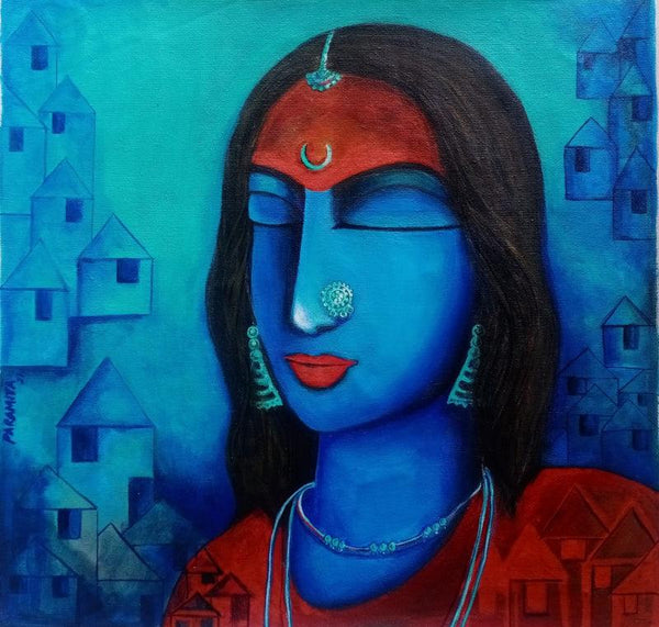 Figurative acrylic painting titled 'Nilakshi', 16x15 inches, by artist Paramita Chowdhury on Canvas