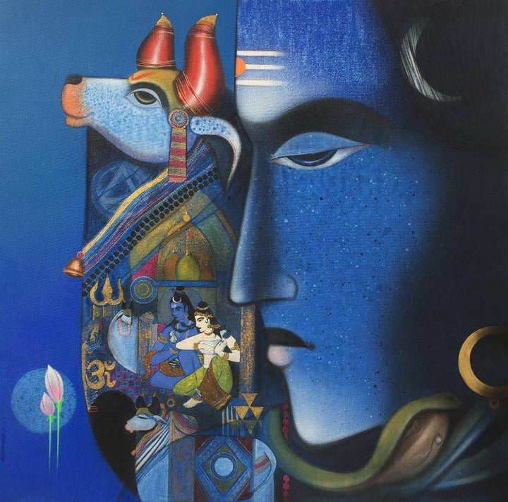 Religious acrylic painting titled 'Nilkanth', 36x36 inches, by artist Ashok Rathod on Canvas