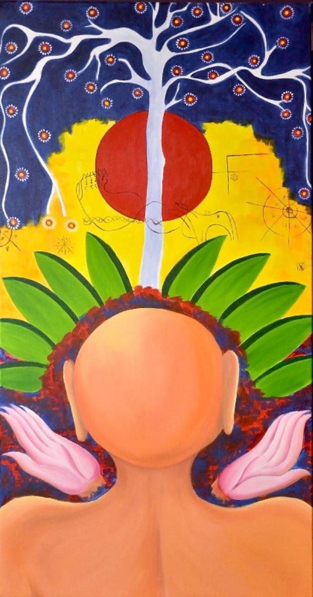 Figurative acrylic painting titled 'Nirvana 2 ', 48x24 inches, by artist Deepali Mundra on Canvas