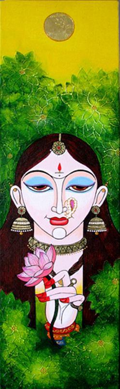 Figurative acrylic painting titled 'Nisha', 9x30 inches, by artist Varsha Kharatamal on Canvas