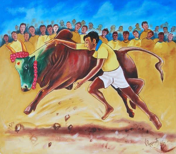 Realistic oil painting titled 'NO MORE JALLIKATTU IN INDIA', 19x17 inches, by artist RAGUNATH on Canvas