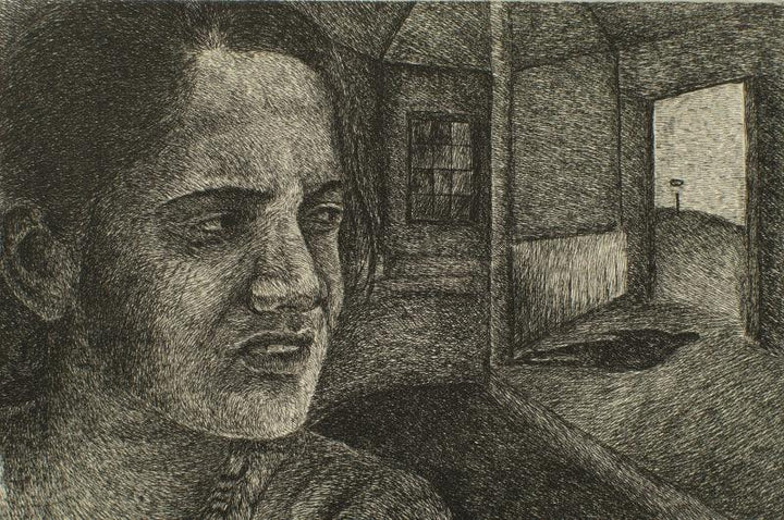 Figurative printmaking titled 'Nobody Knows', 4x6 inches, by artist Preya Bhagat on Paper