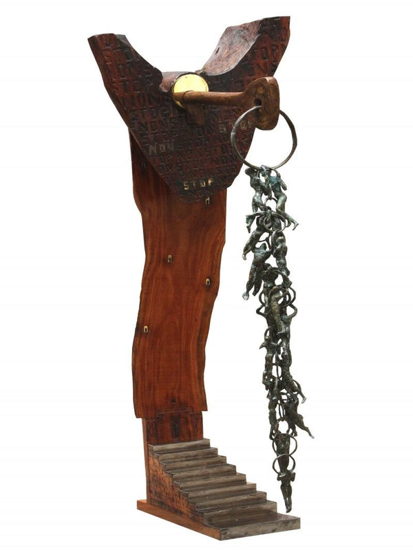 contemporary sculpture titled 'Non Stop', 60x22x12 inches, by artist Rakesh Sadhak on Wood, Bronze