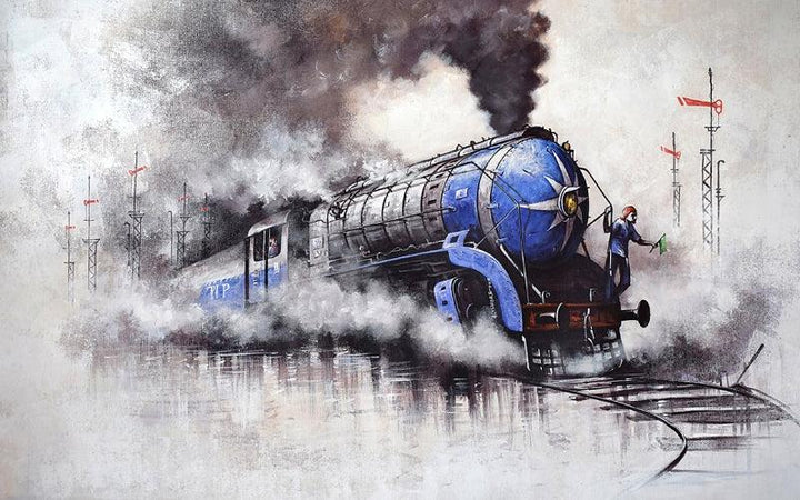 Transportation acrylic painting titled 'Nostalgia of Steam Locomotives 47', 36x60 inches, by artist Kishore Pratim Biswas on Canvas