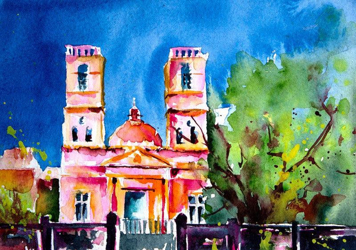 Cityscape watercolor painting titled 'Notre Dame des Anges', 6x8 inches, by artist Veronique Piaser-moyen on Paper