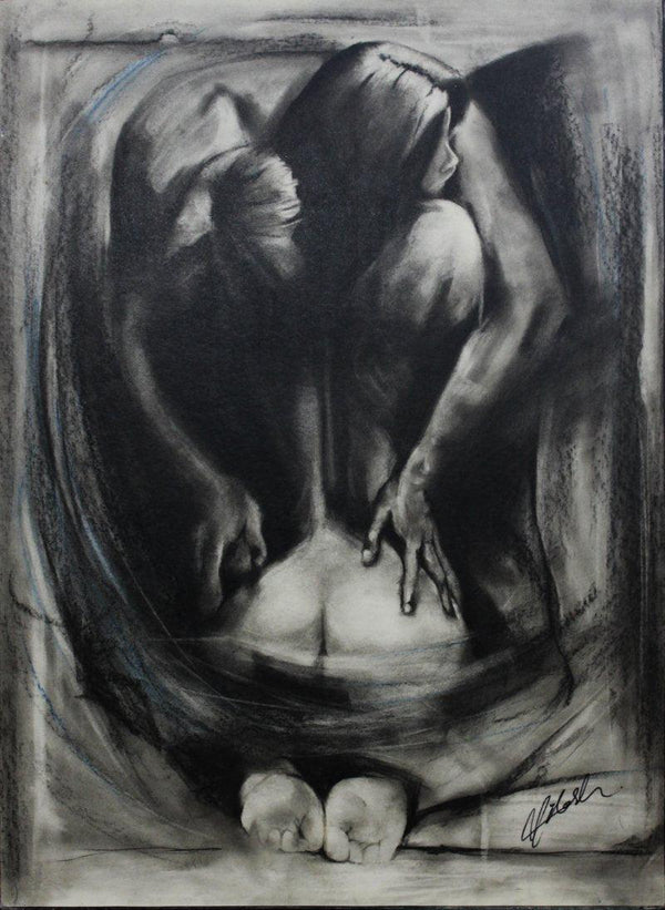 Erotic charcoal drawing titled 'Nude Love Birds', 20x20 inches, by artist NILESH GAVALE on Paper