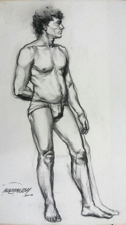 Nude charcoal drawing titled 'Nude Man', 22x30 inches, by artist Ganesh Hire on Paper