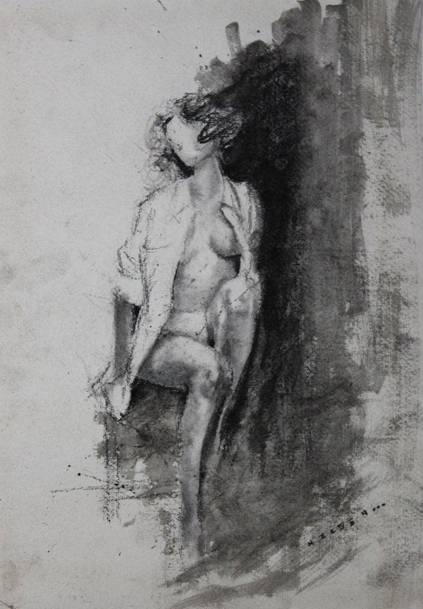 Nude charcoal drawing titled 'Nude Sitting On A Rock', 8x12 inches, by artist NILESH GAVALE on Paper