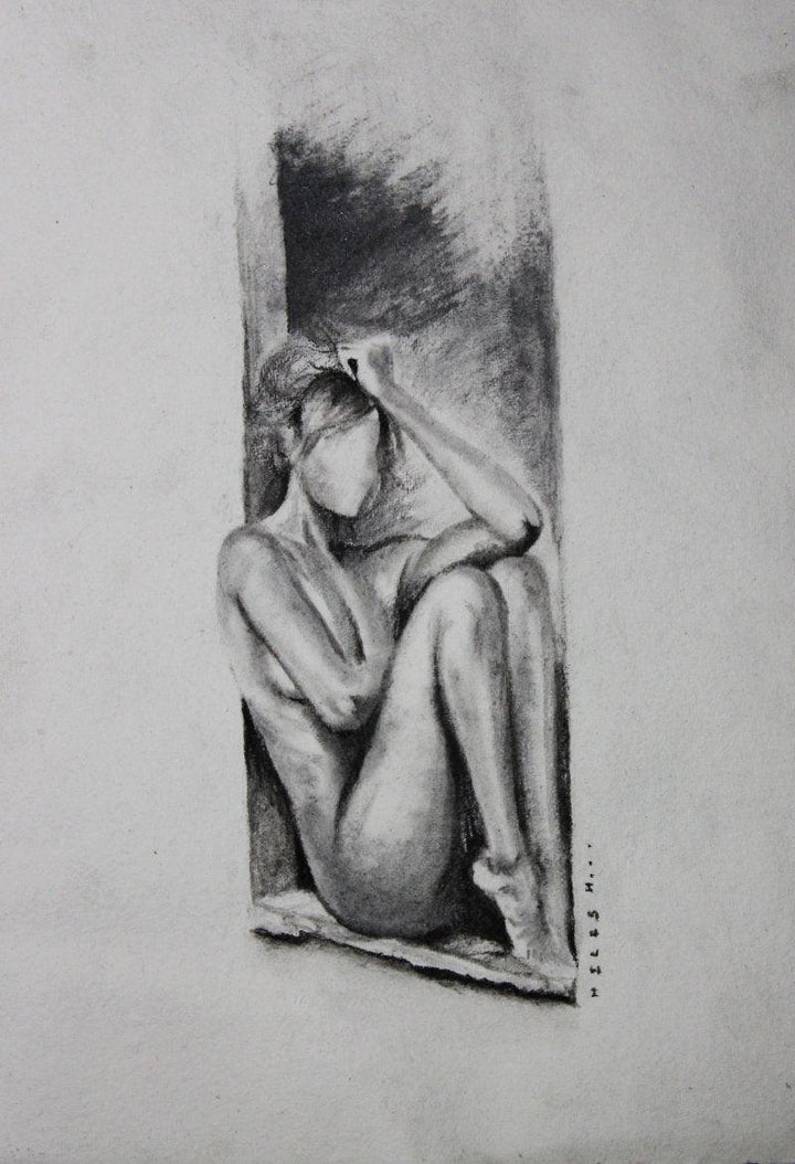 Nude charcoal drawing titled 'Nude Women In Deep Thoughts', 8x12 inches, by artist NILESH GAVALE on Paper