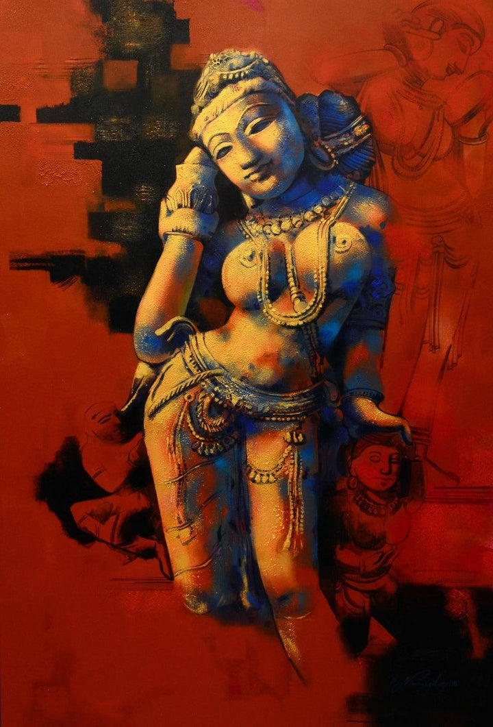 Religious acrylic painting titled 'Nupur', 72x48 inches, by artist Devendra Nimbargikar on Canvas