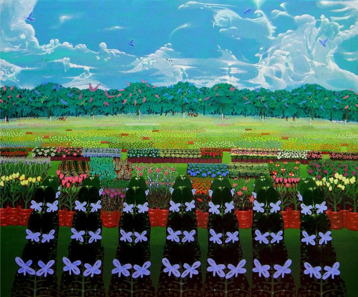 Landscape acrylic painting titled 'Nursery', 48x72 inches, by artist Sudhakaran Edakandy on Canvas