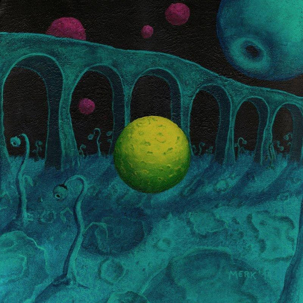 Surrealist acrylic painting titled 'Object 16', 16x16 inches, by artist Rainer Clemens Merk on canvas