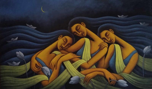 Figurative acrylic painting titled 'Ocean Of Dreams 2', 42x72 inches, by artist Uttam Bhattacharya on Canvas