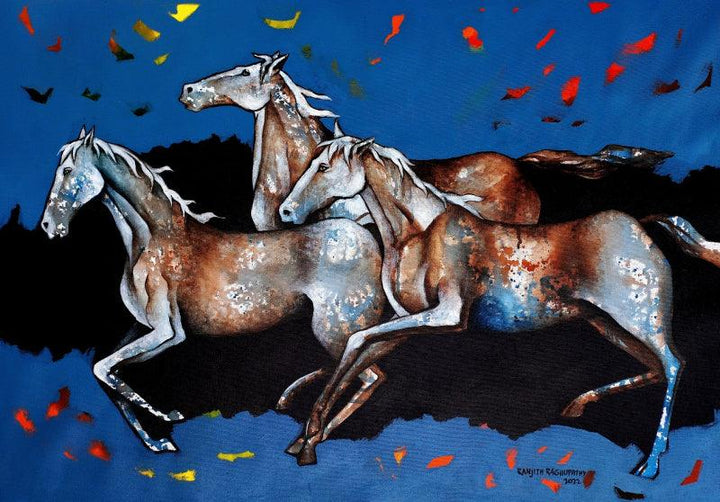 Animals acrylic painting titled 'October horses', 30x42 inches, by artist Ranjith Raghupathy on Canvas