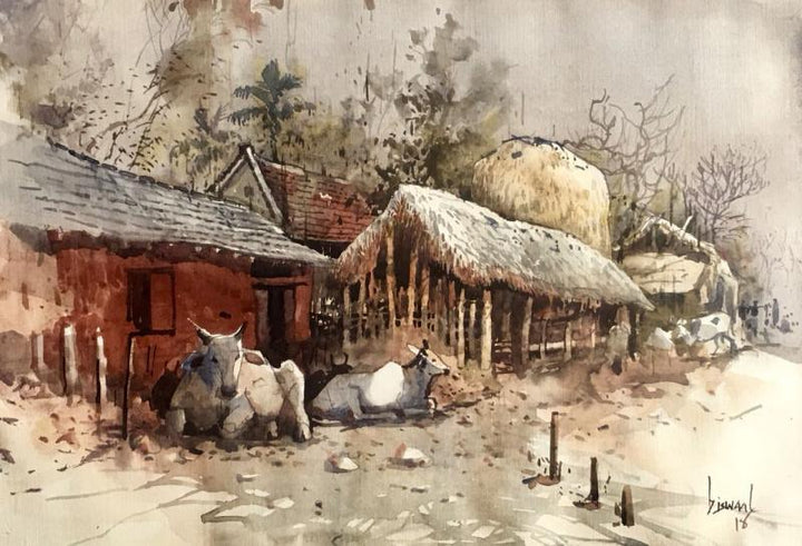 Cityscape watercolor painting titled 'Odhisa Village 21', 11x16 inches, by artist Bijay Biswaal on Paper