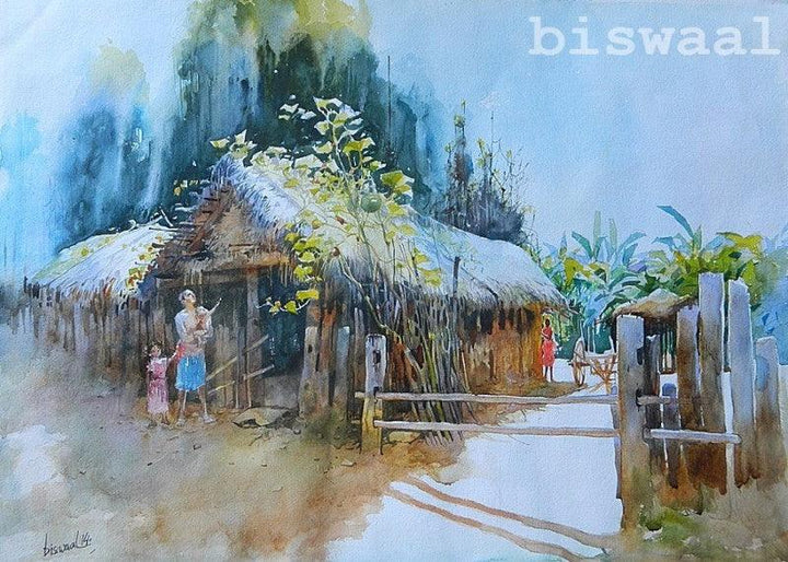 Cityscape watercolor painting titled 'Odhisa Village', 21x28 inches, by artist Bijay Biswaal on Handmade Paper