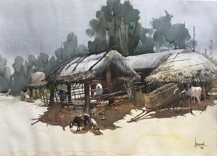 Cityscape watercolor painting titled 'Odisha Village 2', 22x30 inches, by artist Bijay Biswaal on Paper