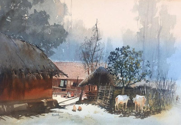 Cityscape watercolor painting titled 'Odisha Village 3', 14x21 inches, by artist Bijay Biswaal on Paper