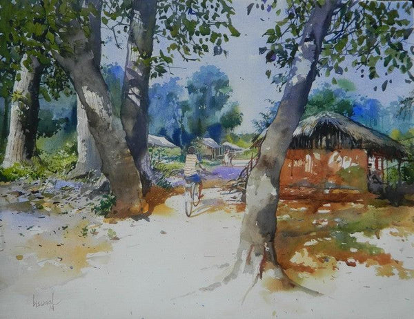 Cityscape watercolor painting titled 'Odisha Village', 22x29 inches, by artist Bijay Biswaal on Paper