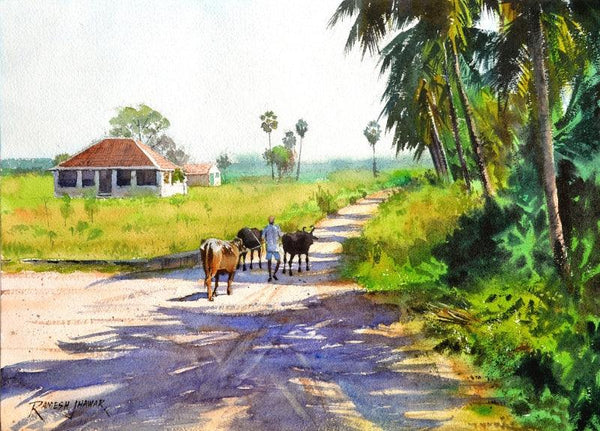 Landscape watercolor painting titled 'Off To Graze', 12x16 inches, by artist Ramesh Jhawar on Paper