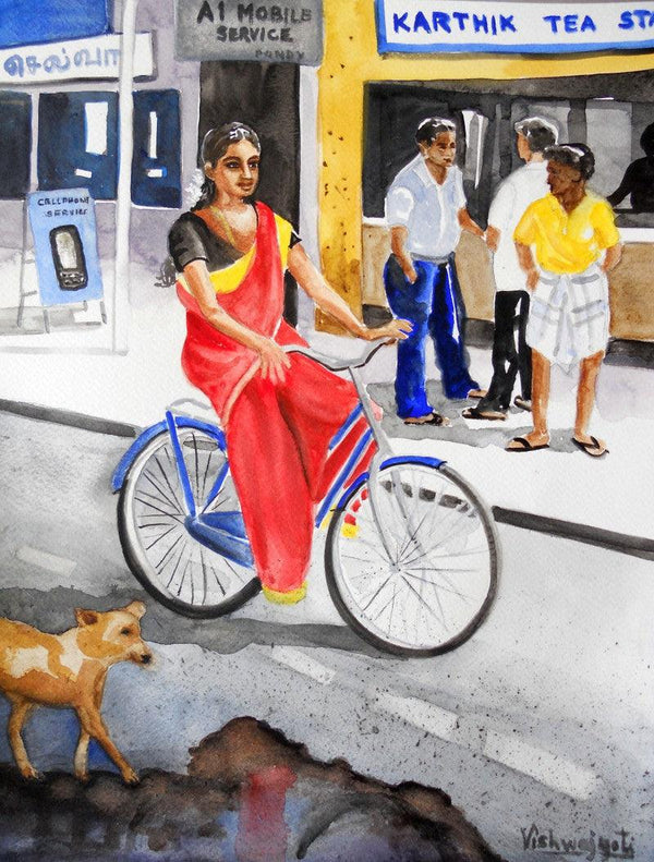 Figurative watercolor painting titled 'Off To Work', 16x12 inches, by artist Vishwajyoti Mohrhoff on Paper