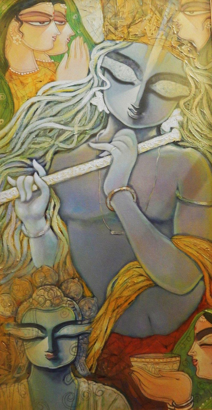 Figurative acrylic painting titled 'Offering', 20x36 inches, by artist Subrata Ghosh on Canvas