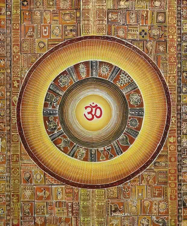 Religious acrylic painting titled 'Ohm 2', 36x30 inches, by artist Madhavi Joshi on Canvas