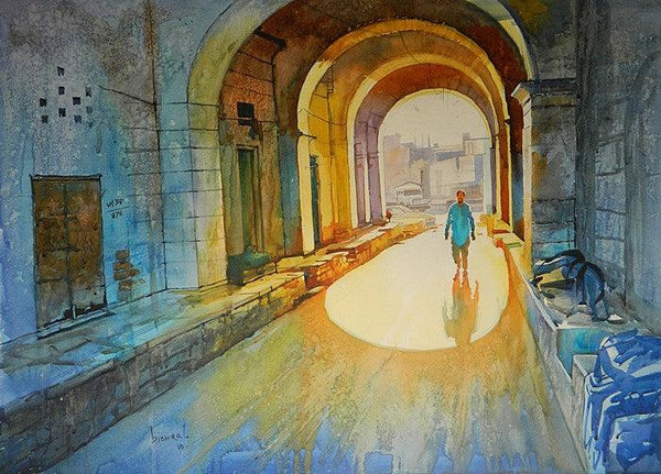 Cityscape watercolor painting titled 'Old Bhopal', 21x28 inches, by artist Bijay Biswaal on Canson Paper