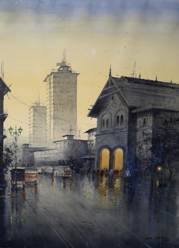 Cityscape watercolor painting titled 'Old Bombay', 30x22 inches, by artist Atul Gendle on Paper