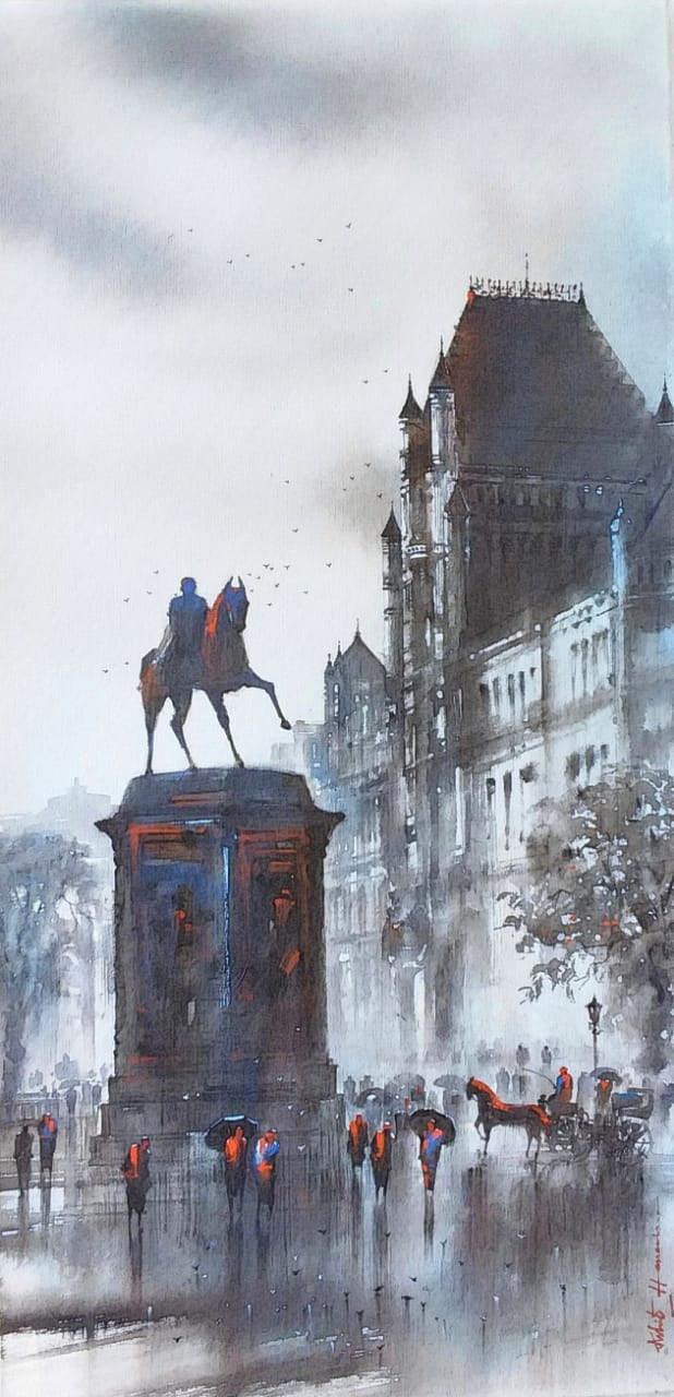 Cityscape acrylic painting titled 'Old Bombay Kalaghoda 2', 36x18 inches, by artist Ashif Hossain on Canvas