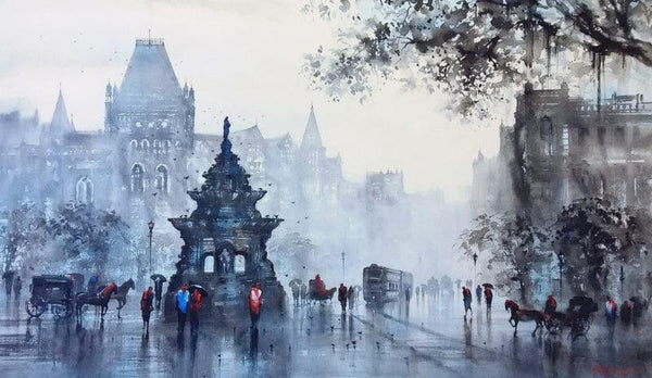 Cityscape acrylic painting titled 'Old Bombay Kalaghoda', 36x60 inches, by artist Ashif Hossain on Canvas