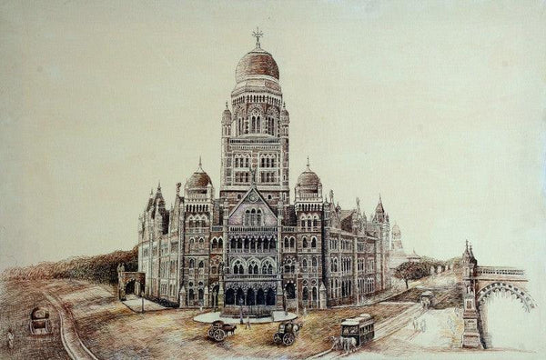 Cityscape ink drawing titled 'Old Bombay Municipalcorporation Bldg', 24x36 inches, by artist Aman A on Canvas