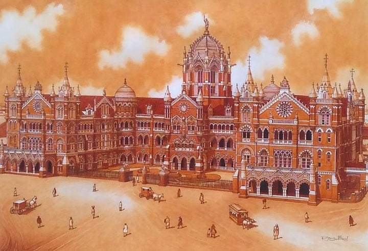 Cityscape watercolor painting titled 'Old Bombay V T Station', 20x28 inches, by artist Sakthivel Ramalingam on Paper