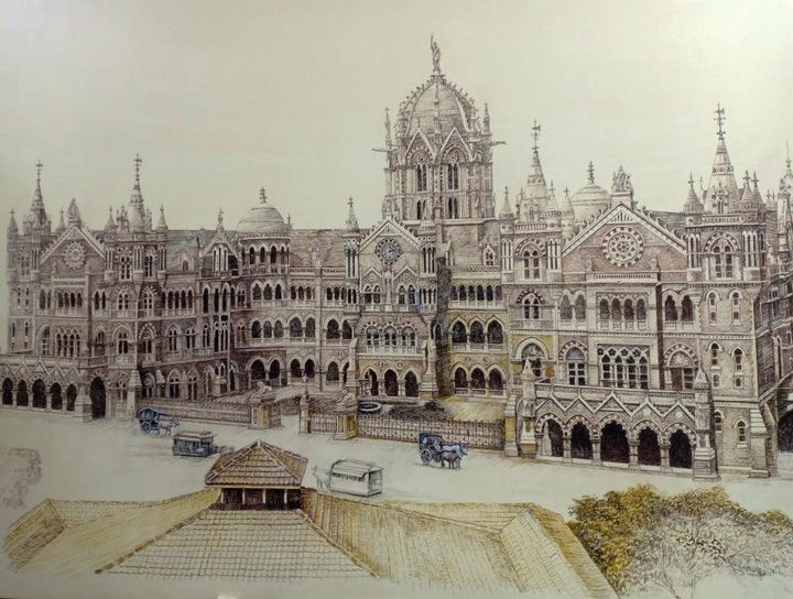 Cityscape pen ink painting titled 'Old Bombay Vt From Capital Cinema Top', 36x48 inches, by artist Aman A on Canvas